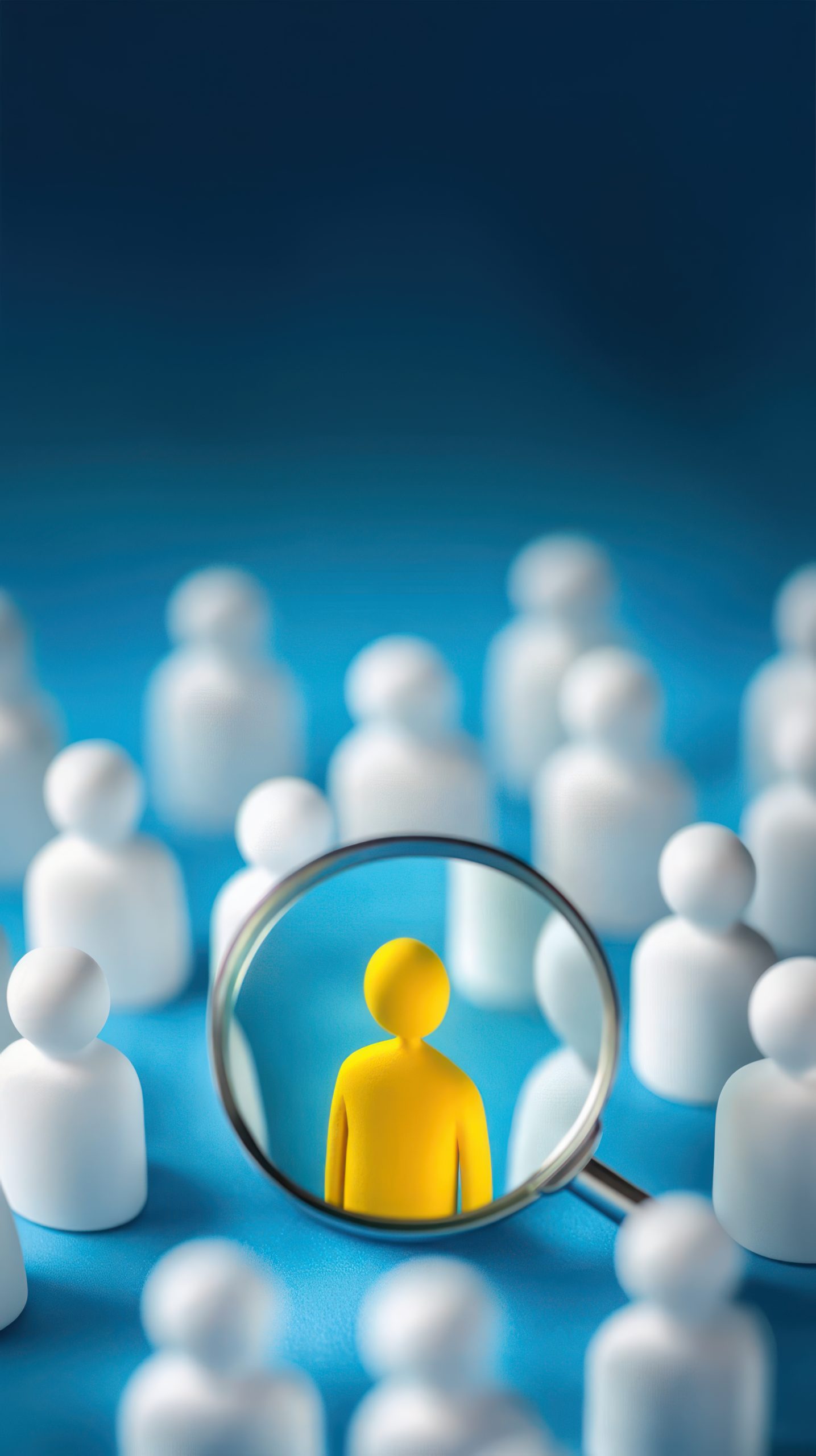 A magnifying glass over white figures with one yellow figure in